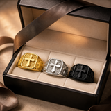 Triple Sides Embossed Cross Hammered Texture Stainless Steel Men’s Signet Ring