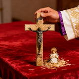 【Holy City Wood】Handcrafted Olive Wood Cross with Bronze Christ Statue A Devotional Companion for Prayer A Collectible Gift of Distinction