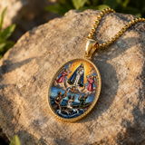 3D Raised Color Enamel Our Lady of Charity Oval Gold Stainless Steel Necklace