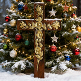 Hand-Carved Rose Cross Wall Art ✝️🌹 | Solid Beechwood Christian Decor with Golden Flowers