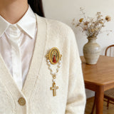 Our Lady of Guadalupe 11-Pearl Brooch with Crystal Cross Pendant