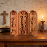Hand-carved Portable Church - Mini Christian Ascension scene Triptych Altar - size and finish detail