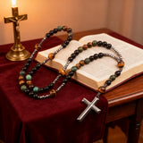 New African pine yellow tiger eye vintage natural stone long cross rosary necklace