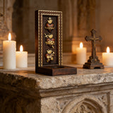 Holy Family Three Sacred Hearts Candlestick Wooden Carved Tabletop Arrangement