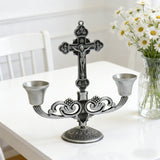 Vintage Jesus Cross Candelabra: Faith Woven into Warm Glow