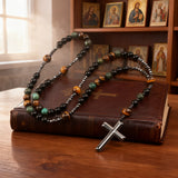 New African pine yellow tiger eye vintage natural stone long cross rosary necklace
