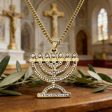 Stainless Steel Crystal 7-Branch Menorah Pendant: A Sacred Jewish Heritage Necklace