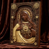 Immaculate Heart of Mary Hand-Carved Beech Wood Sculpture | Sacred Home Altar Ornament