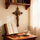 Wood Carving of Jesus Cross with St. Benedict's Exorcism