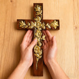 Hand-Carved Rose Cross Wall Art ✝️🌹 | Solid Beechwood Christian Decor with Golden Flowers