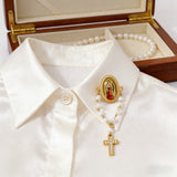 Our Lady of Guadalupe 11-Pearl Brooch with Crystal Cross Pendant