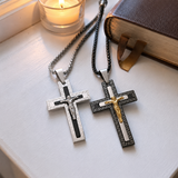Vintage Greek Key Border Two Tone 3D Crucifix Stainless Steel Necklace
