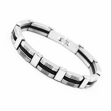 Men's Black‑Silver Striped Titanium Steel Bracelet, Geometric Textured Link Wristband, Rugged Business Men Jewelry