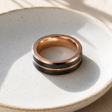 Two-Tone Brushed Titanium Steel Ring, Rose Gold & Black Grooved Wedding Band, 8mm Comfort Fit Mens Promise Ring