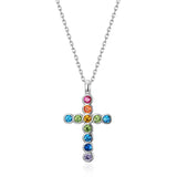 925 Sterling Silver Cross Pendant Necklace With Multicolor Cubic Zirconia Inlay - Gift for LGBTQ - BGCOPPER