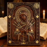 Our Lady of Sorrows Wooden Wall Decor - Our Lady of the Seven Arrows Softens the Heart of Evil - craftsmanship detail