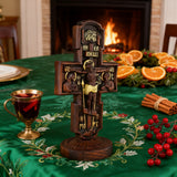 Double-Sided Icon Wood Carving ✝️ | Hand-Carved Crucifix & Saints Beechwood Wall Art