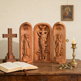 Hand-carved Portable Church - Mini Christian Ascension scene Triptych Altar - product view