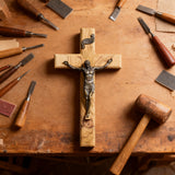 【Holy City Wood】Handcrafted Olive Wood Cross with Bronze Christ Statue A Devotional Companion for Prayer A Collectible Gift of Distinction