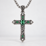 Vintage Green Stone Cross Pendant Necklace for Men