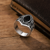 Vintage Gothic Scroll Engraved Marquise Stone Mens Signet Ring
