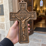 Hand-Carved Beechwood Saint Benedict Protection Crucifix – Christian Wall Cross