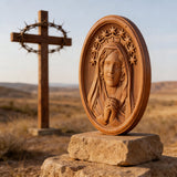 Our Lady in Tears and Prayer with a Nine-Star Halo — Hand-Carved Beechwood Statue