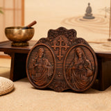 Sacred Hearts of Jesus & Mary Beechwood Plaque – Hand-Carved Devotional Art for Home Prayer