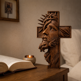 Jesus Crown of Thorns Beechwood Cross - size and finish detail