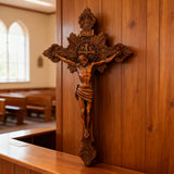 Wood Carving of Jesus Cross with St. Benedict's Exorcism