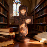Double-Sided Icon Wood Carving ✝️ | Hand-Carved Crucifix & Saints Beechwood Wall Art