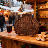 Sacred Hearts of Jesus & Mary Beechwood Plaque – Hand-Carved Devotional Art for Home Prayer