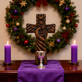 Holy Family wood icon decoration, Joseph, Mary, Baby Jesus, carved wooden cross, wall decoration