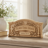 Personalized “Bless Our Home” Hand-Carved Beechwood Wall Plaque - Christian gift presentation