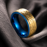 Two-Tone Hammered Titanium Steel Ring, Gold Exterior & Blue Inner Band, 8mm Wide Comfort Fit Wedding Band, Unique Promise Ring for Men