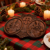 Sacred Hearts of Jesus & Mary Beechwood Plaque – Hand-Carved Devotional Art for Home Prayer