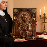 Our Lady of Sorrows Wooden Wall Decor - Our Lady of the Seven Arrows Softens the Heart of Evil - Christian gift presentation