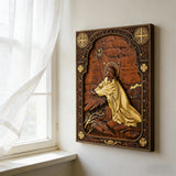 Jesus in Gethsemane Hand-Carved Wood Wall Art: The Weight of His Humble Sorrow