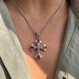 Vintage Red Zircon Cross Pendant Necklace, Religious Faith Men’s Necklace