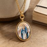 3D Enamel Our Lady of Grace Oval Necklace, Double Sided Tree of Life Stainless Steel Pendant