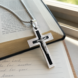 Vintage Greek Key Border Two Tone 3D Crucifix Stainless Steel Necklace