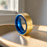 Two-Tone Hammered Titanium Steel Ring, Gold Exterior & Blue Inner Band, 8mm Wide Comfort Fit Wedding Band, Unique Promise Ring for Men