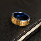 Two-Tone Hammered Titanium Steel Ring, Gold Exterior & Blue Inner Band, 8mm Wide Comfort Fit Wedding Band, Unique Promise Ring for Men
