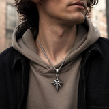 Vintage North Star Men Stainless Steel Necklace, Wrapped Cross Black CZ 4‑Point Star Pendant With Box Chain
