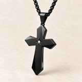 Faceted Eight Point North Star CZ Inlay Stainless Steel Cross Necklace