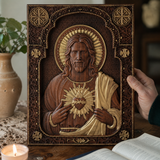 Our Lord Jesus Sacred Heart Wood Carving - Christian Catholic Personalized Carving Gift