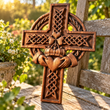 Hand-Carved Beechwood Celtic Claddagh Wall Cross – Irish Christian Faith Home Décor