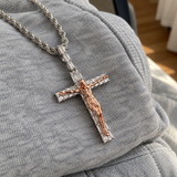 Artisan-Carved Copper Jesus Cross Pendant - Moissanite-Encrusted Hip Hop Religious Necklace