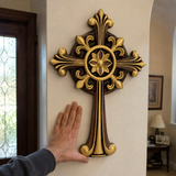 Hand-Carved Beechwood Ornate Cross – Gold Accented Christian Wall Cross