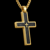 Two-Tone Bevel Edge Carbon Fiber Textured Inlaid Tiny Cross Stainless Steel Necklace